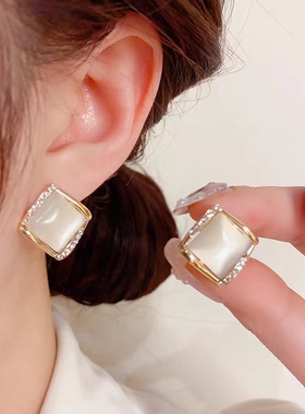 s925银针高级感方块猫眼石几何菱形耳钉女韩式简约气质耳环耳饰品