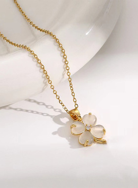 时尚中国风锁骨链古法镀金首饰镶嵌仿和田玉吊坠四叶草项链饰品女