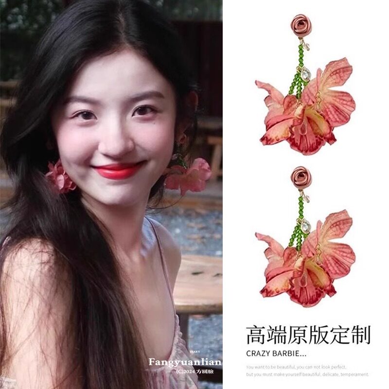 粉色玫瑰花朵流苏耳环女独特绝美耳饰甜美度假风耳钉旅游海边耳坠