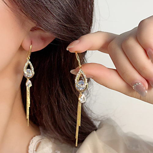 欧美流苏长款耳饰女士锆石镶嵌花朵耳坠灵动甜美配饰耳环耳钉