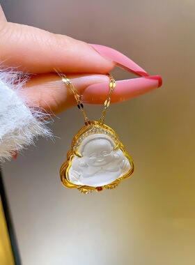 亚马逊新款大肚弥勒佛项链不规则透明色方晶项饰男士女士礼物