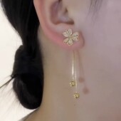 s925银针韩国镶钻三叶花两戴流苏耳环2025年新款 网红轻奢耳钉耳饰