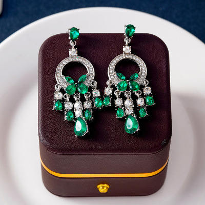 法式祖母绿蝴蝶流苏耳钉微镶锆石耳饰晚宴礼服耳夹圆圈气质耳环女
