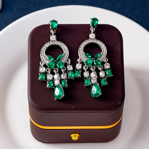 法式祖母绿蝴蝶流苏耳钉微镶锆石耳饰晚宴礼服耳夹圆圈气质耳环女
