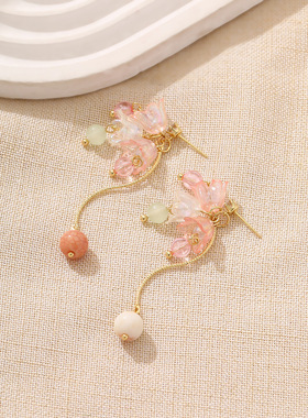 超仙清透水晶花朵流苏耳环适合夏天度假风出游百搭串珠耳钉女耳饰