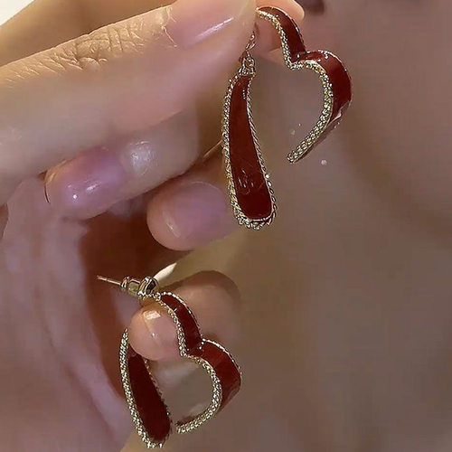 新款红色爱心镶钻两戴款耳环小众设计高级感耳钉轻奢红滴油耳饰品