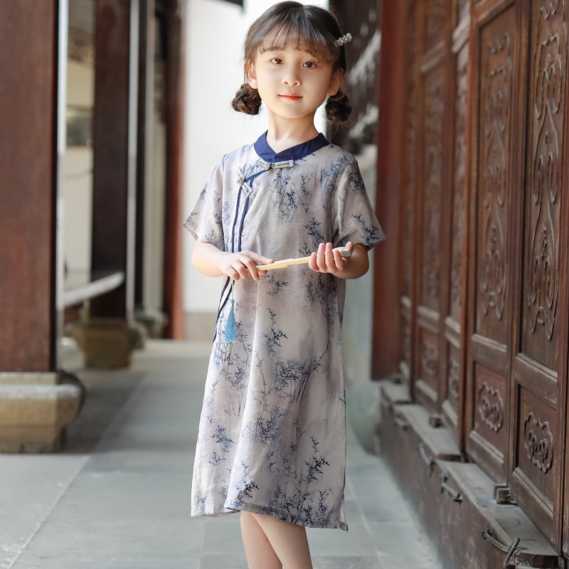 女童旗袍夏季新款女孩洋气中国y风儿童汉服可爱轻薄复古连衣裙夏