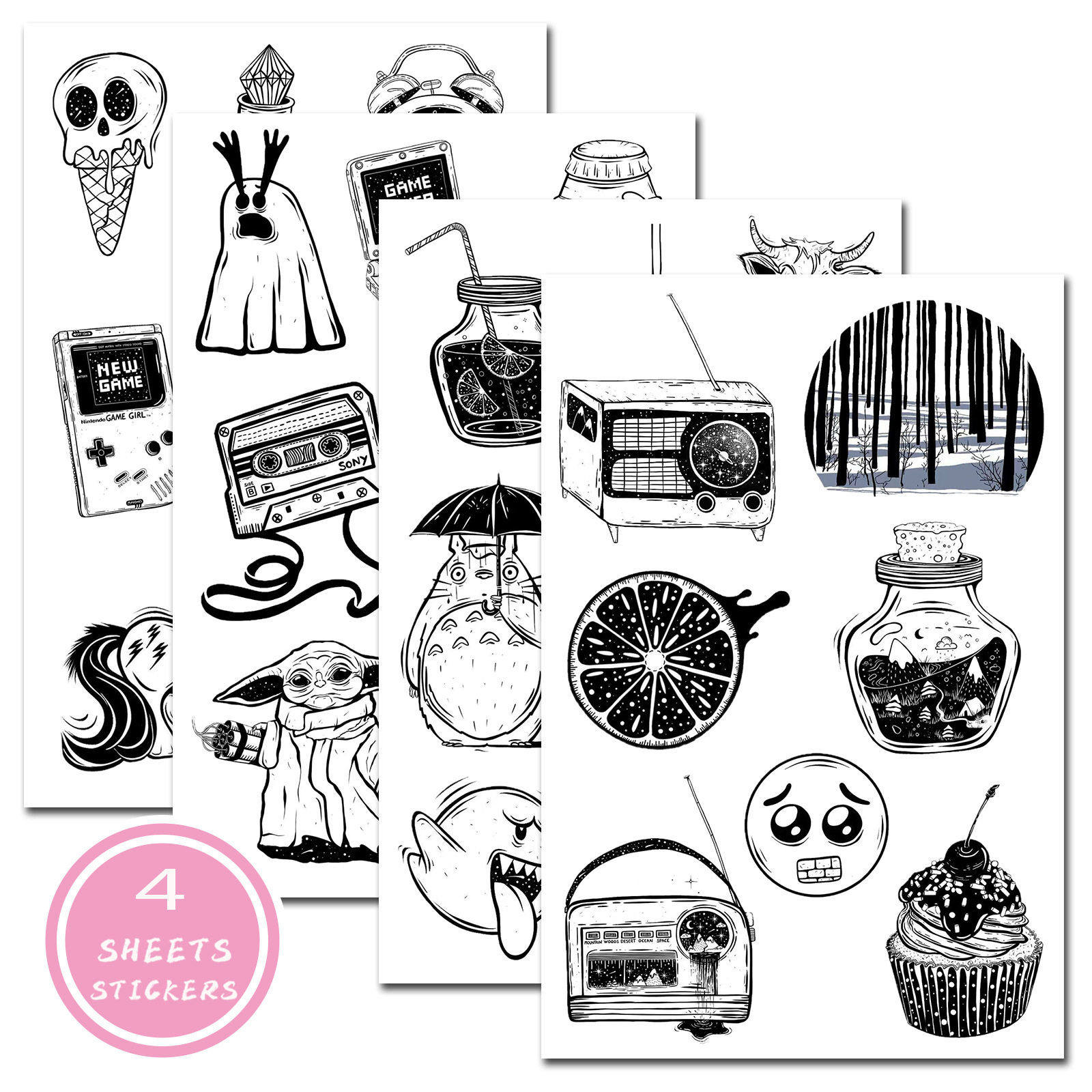 4张入黑白手绘贴纸卡通创意漫画日记本手账diy装饰贴画跨境亚马逊,文具电教/文化用品/商务用品,贴纸/立体贴纸,淘宝优惠券,粉丝福利购,淘宝优惠卷