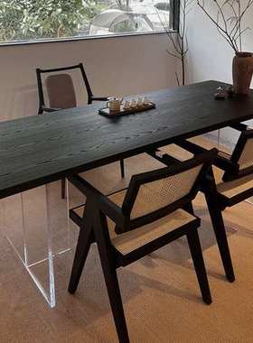侘寂风碳化黑色实木餐桌原木大板工作台极简风亚克力悬浮办公茶桌