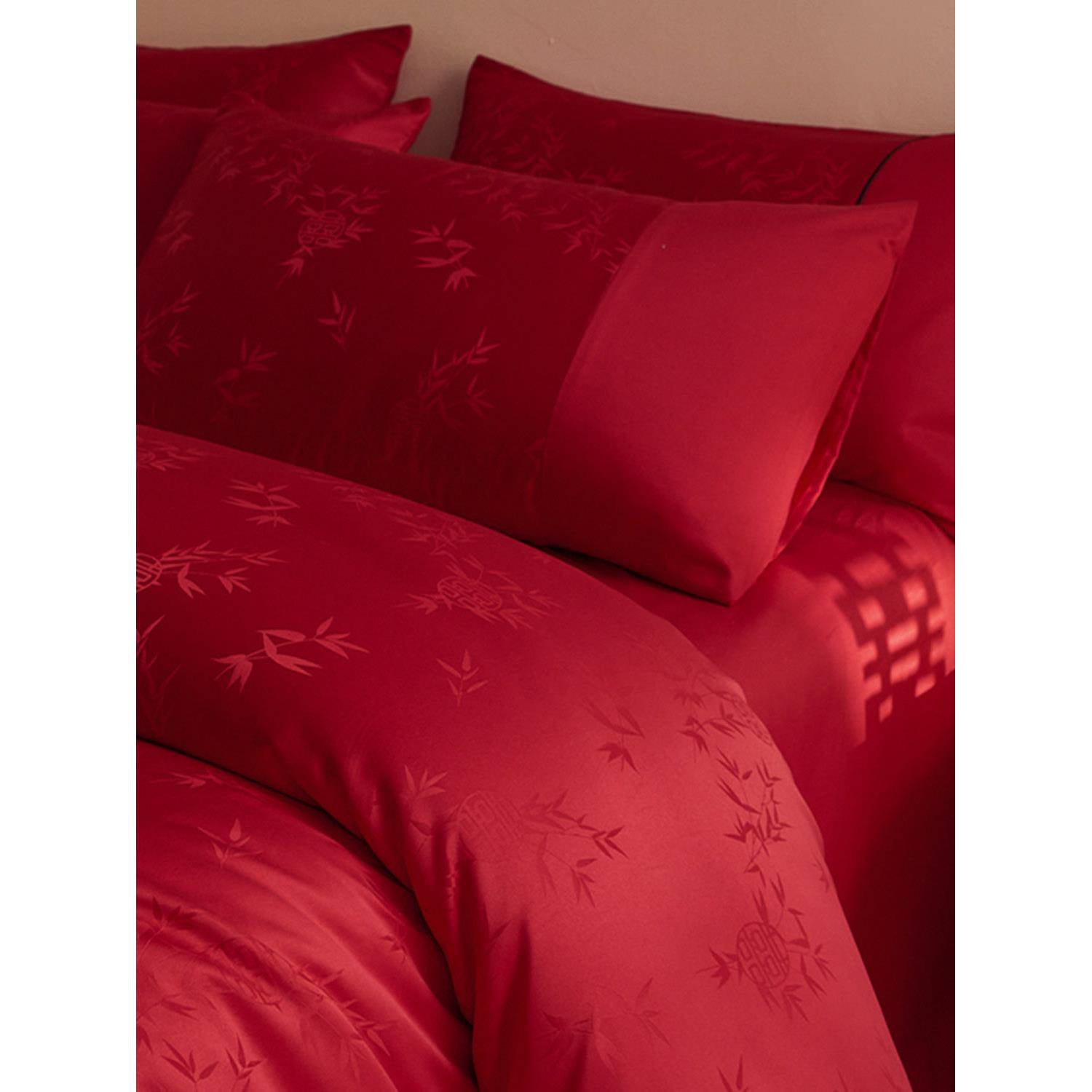 高档提花婚庆四件套红色结婚被套纯棉床单床笠新婚嫁喜被床上用品