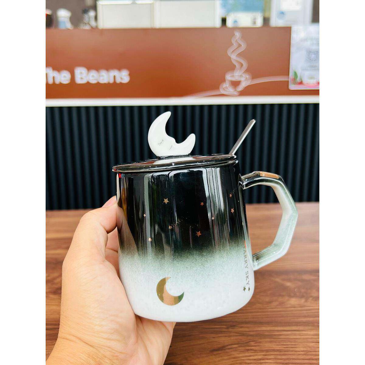 高空星空杯,创意陶瓷带盖勺水杯,情侣咖啡杯,男女流行礼品盒杯