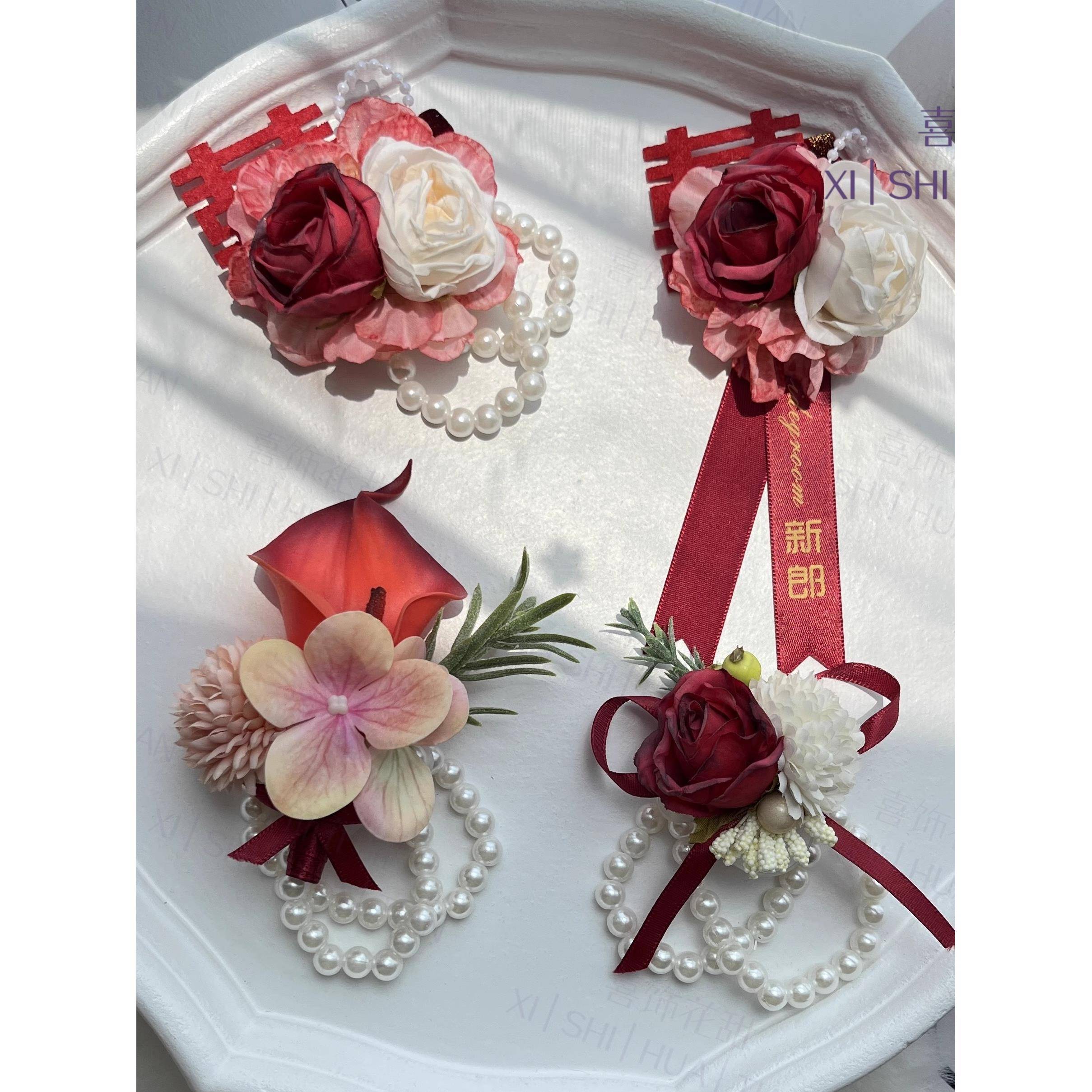定制手工原创酒红色胸花手腕花喜庆父亲母亲亲戚亲友婚礼饰品伴娘