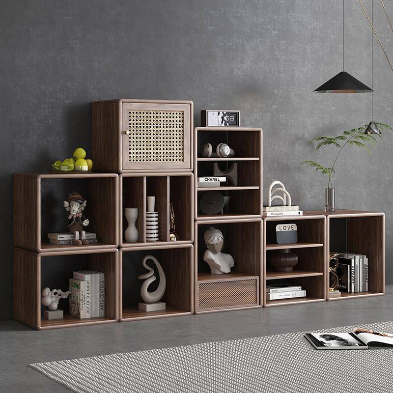 实木藤编收纳柜自由组合书柜日式客厅落地置物书架小储物柜格子柜