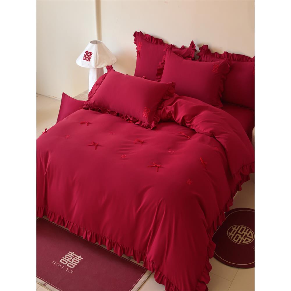 法式浪漫结婚100支床单四件套婚庆喜被套纯棉大红色婚嫁床上用品4