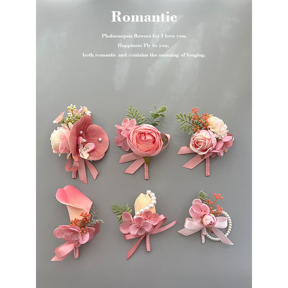 原创梦幻粉系列蝴蝶兰伴娘姐妹团手腕花清新森系婚礼新郎新娘胸花