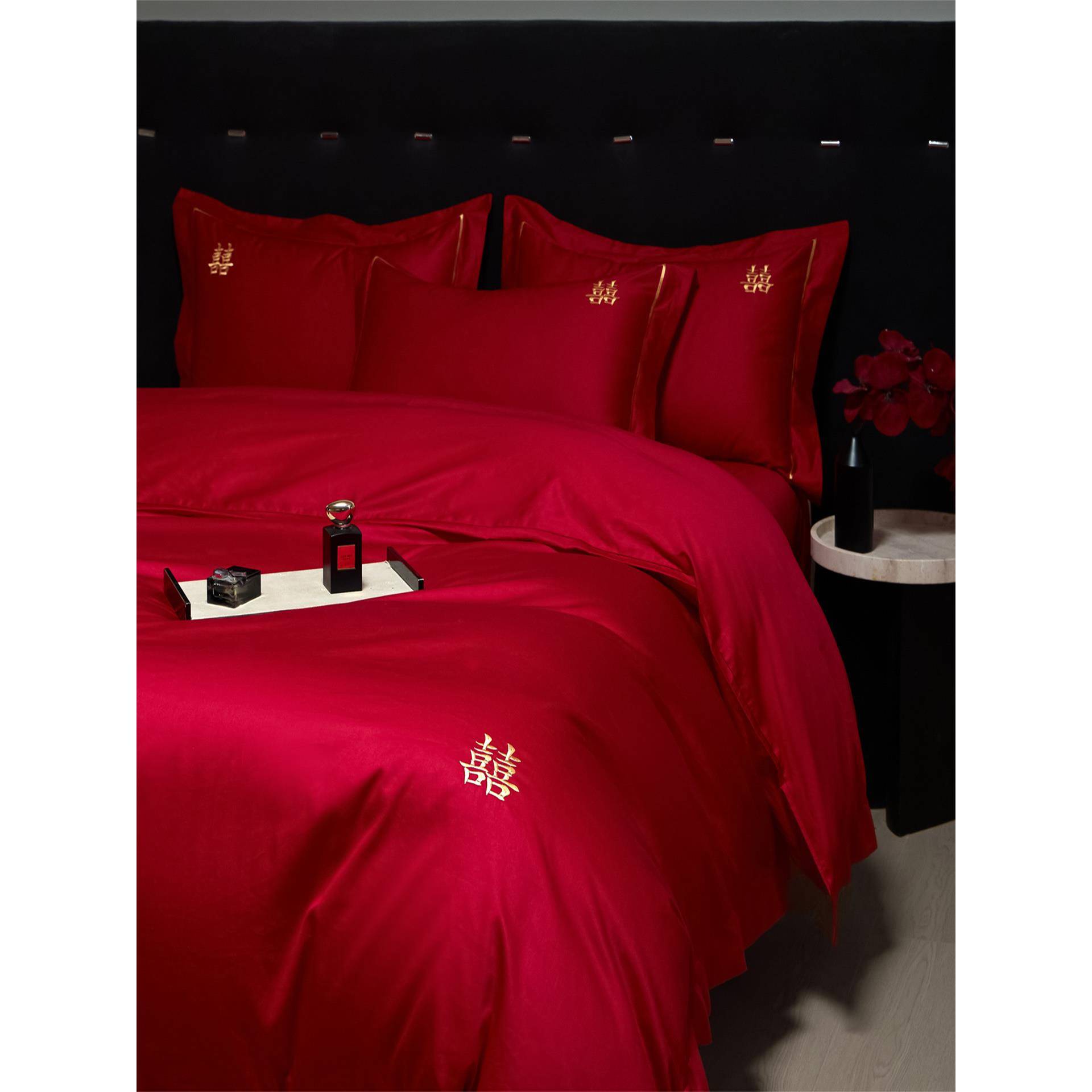 简约双喜刺绣婚庆四件套红色喜被高级感被套高档结婚床单床上用品