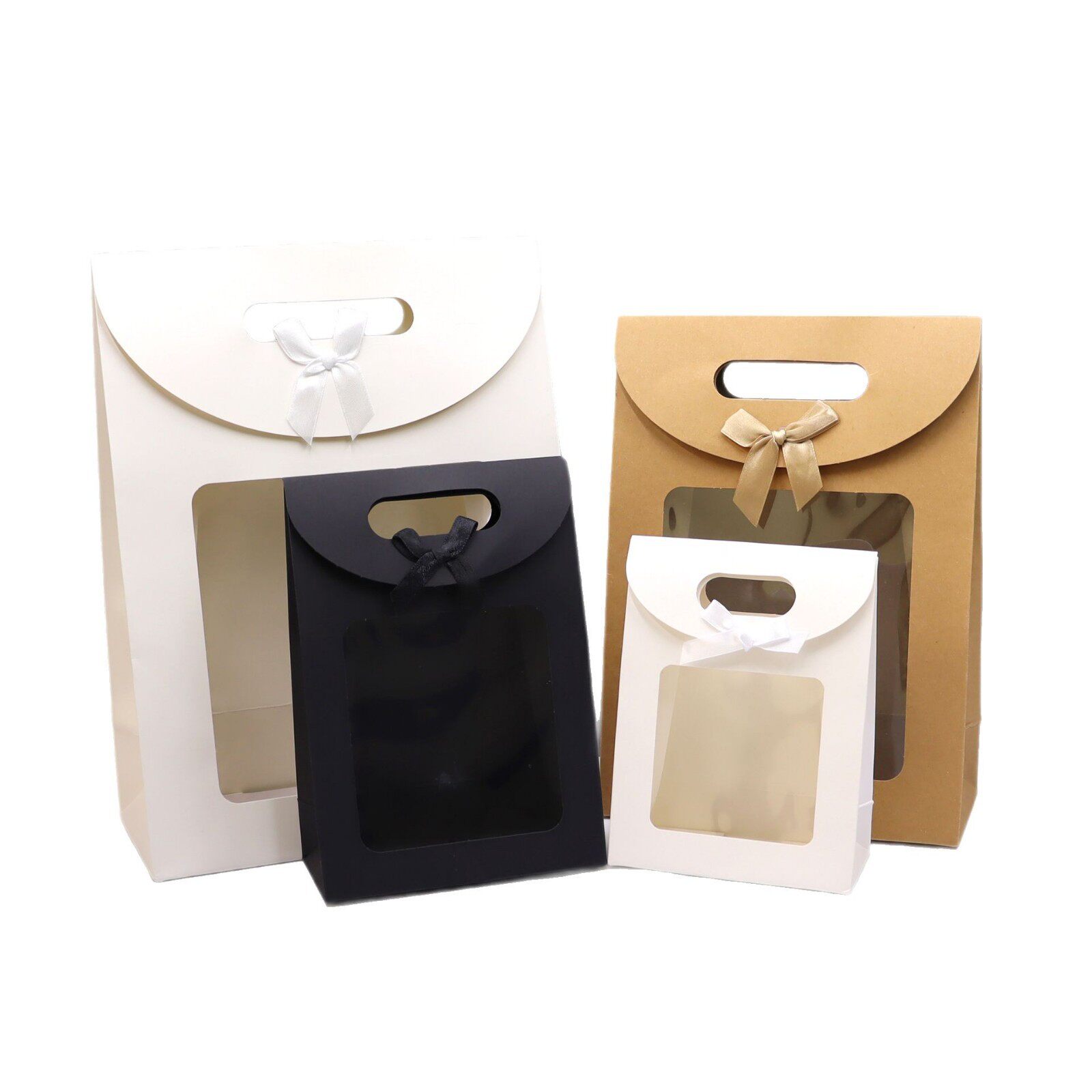 圣诞节开窗礼品袋白卡黑卡牛皮纸袋结手提式透明翻盖礼物袋