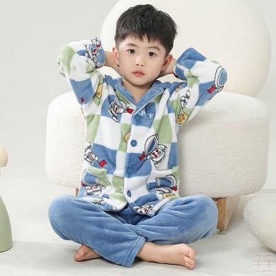 儿童睡衣男童珊瑚绒秋冬季加绒女童法兰绒男孩加厚家居服a类套装