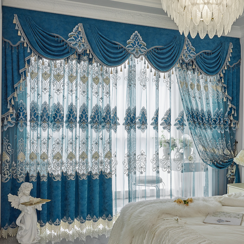 3.2m高欧式高档镂空客厅落地窗成品绣花窗帘雪尼尔高遮光定制布帘