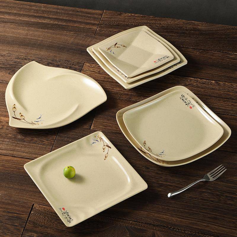 密瓷胺方盘1脚0个装仿料碟塑子四方翘快餐盘饭店炒菜F7657S95盖浇