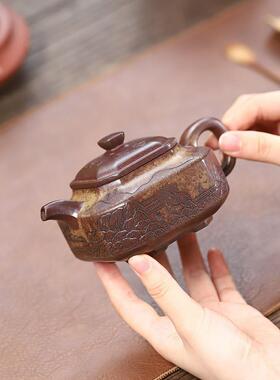 兴砂壶原手矿柴烧沉香泥匠人工制作紫WJO四方观宜山茶壶厂家直销