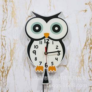 LED灯色框挂钟28296猫外头鹰造型时钟通动物儿卡童房白家居装饰墙