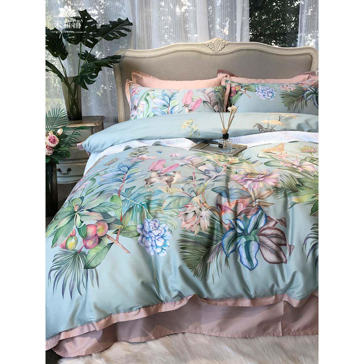 林热带丛风无品牌/6支埃及长绒纯棉棉四件套田园风被套床单0床上