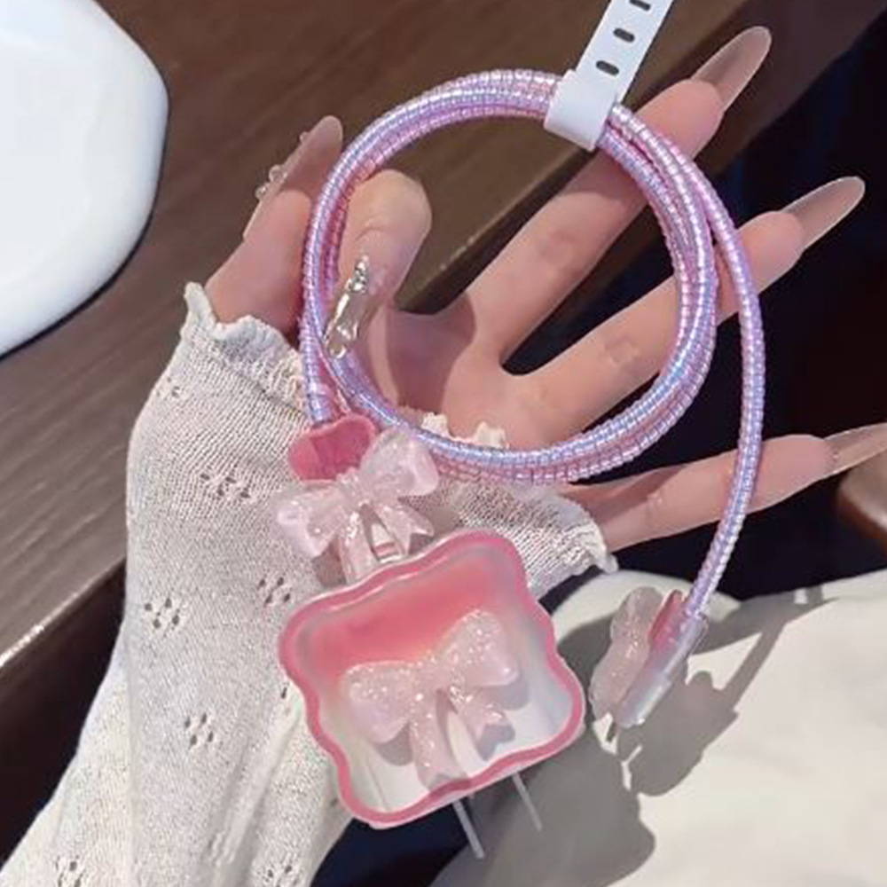 彩绘粉色蝴蝶结适用苹果18w/20w充电器保护套咬线器数据线保护绳
