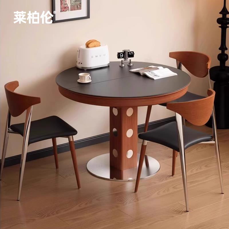 莱柏伦岩板新中式覆古实木可伸缩餐桌椭圆折叠圆桌家用小户型桌子