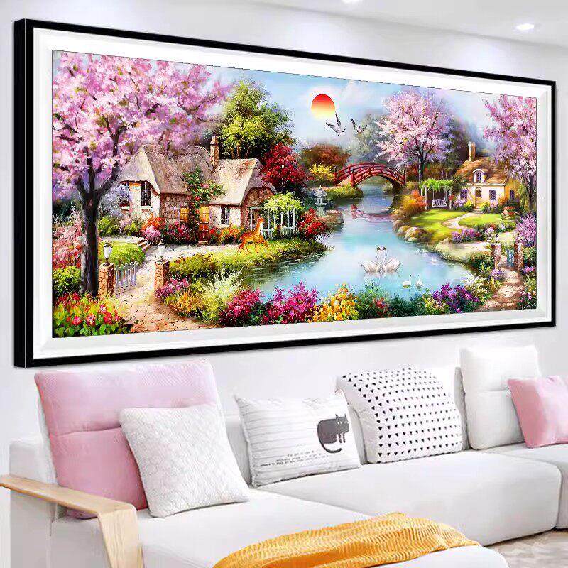纯手工十字绣成品花园小屋梦幻家园欧式客厅挂画绣好的带框已装裱