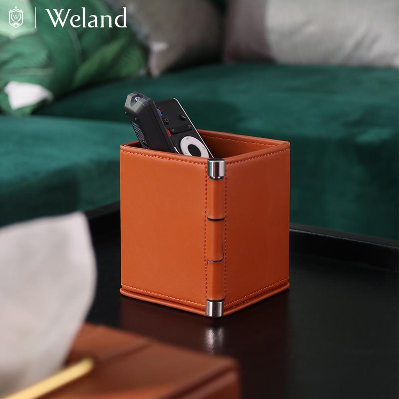 WELAND 金属橙色皮质复古书房笔筒客厅茶几创意桌面遥控器收纳盒