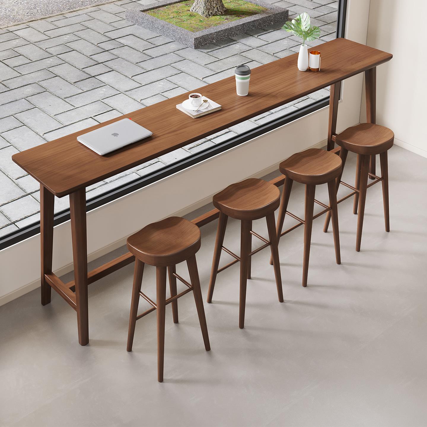 实木吧台桌椅家用原木色高脚桌长条窄桌阳台简约现代靠墙桌椅组合
