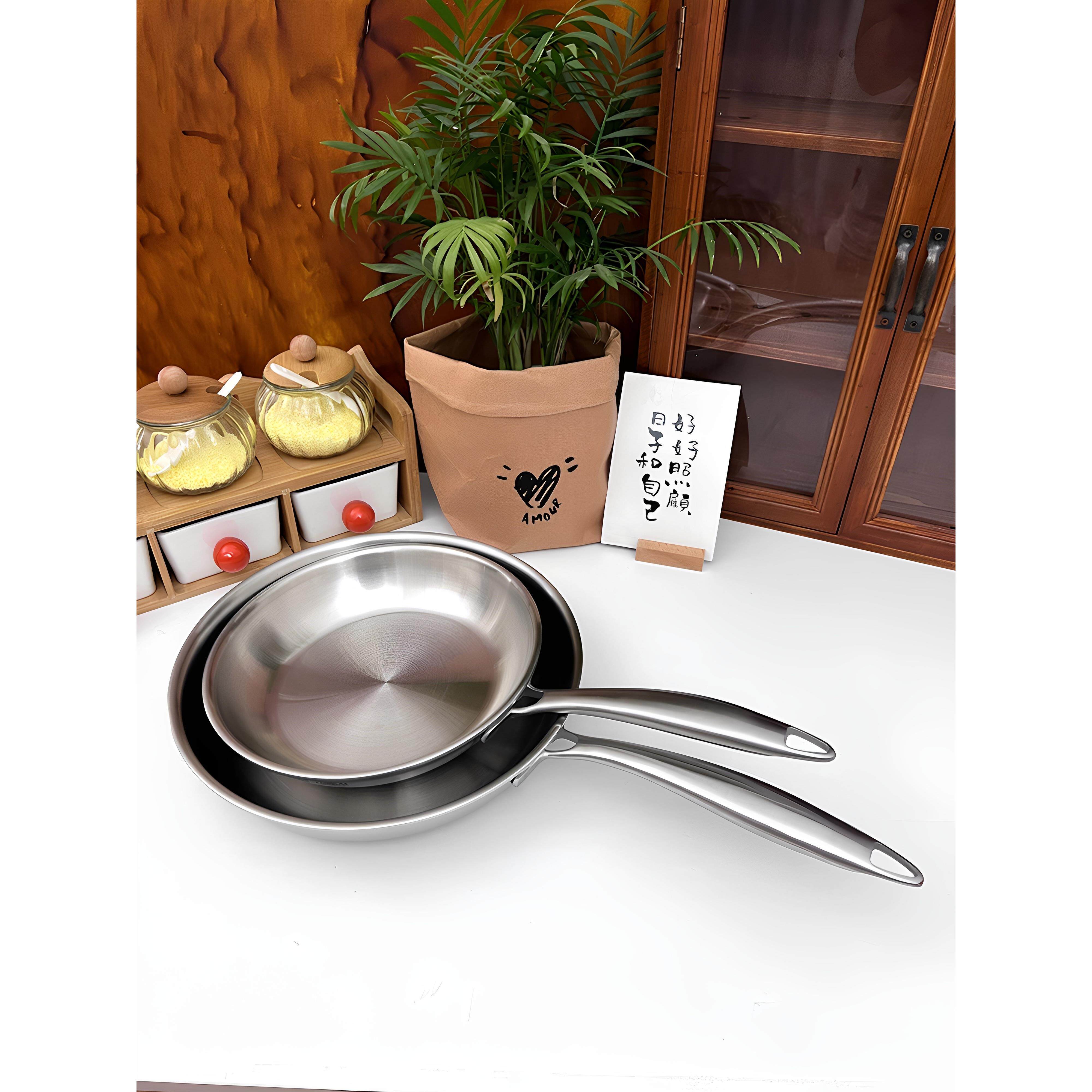 18/10不锈钢煎锅无涂层不粘锅304平底锅煎牛排煎蛋多用锅20-24cm