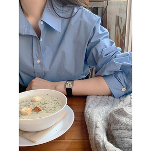 韩系温柔蓝色衬衫上衣女春秋高级感轻奢休闲宽松长袖衬衣防晒上衣