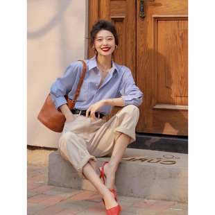 法式蓝色竖条纹长袖衬衫女春季休闲宽松气质垂感衬衣通勤职业上衣