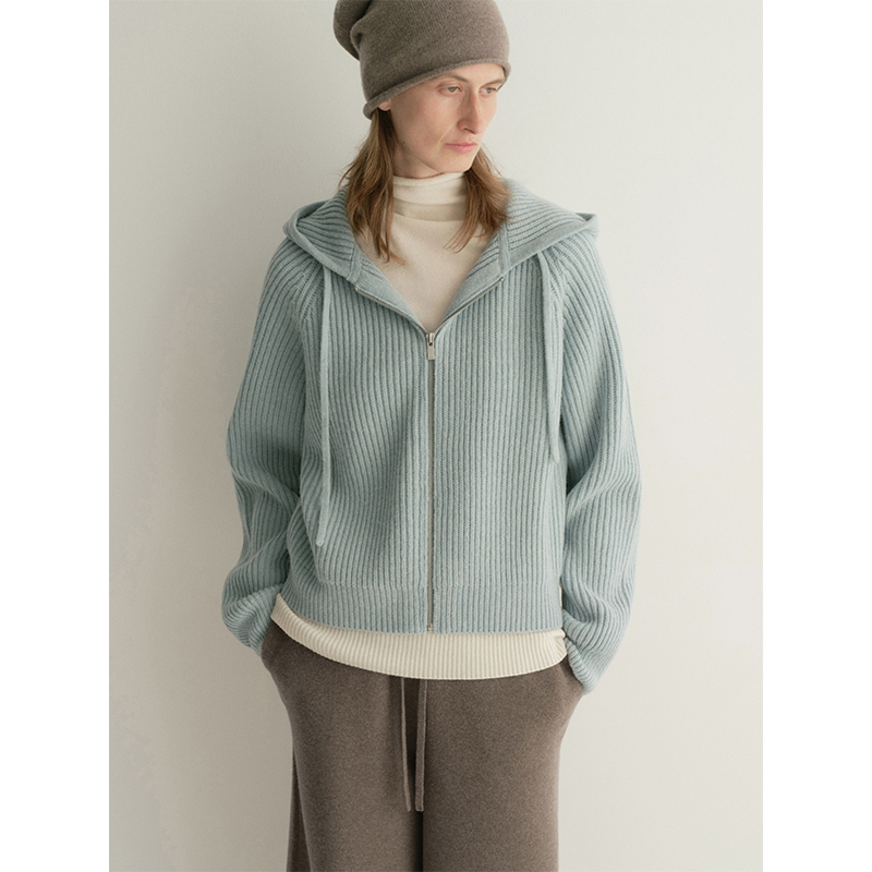 法式慵懒蓝色连帽卫衣外套女加厚