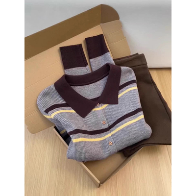 韩系小香风咖色条纹翻领针织开衫