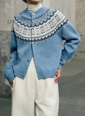 法式复古文艺提花蓝色针织开衫女秋冬费尔岛慵懒外搭毛衣外套上衣
