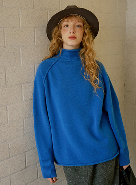 法式慵懒蓝色高领毛衣女秋冬高级感宽松保暖内搭针织打底衫上衣厚