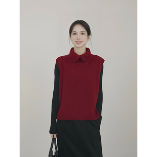 日系复古红色翻领针织马甲女高级感慵懒外搭打底衫毛衣背心上衣厚