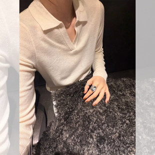秋冬巨好看白色长袖针织polo衫女韩系休闲翻领毛衣内搭打底衫上衣