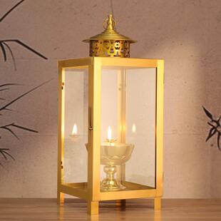 四方铜油灯防风天灯纯酥油灯灯盏家用供佛长明灯佛前供奉灯罩供灯