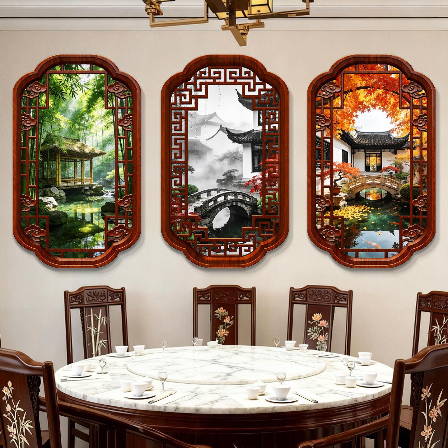 新中式山水庭院假窗户灯箱民宿餐厅火锅饭店装饰挂画宋氏美学轩窗