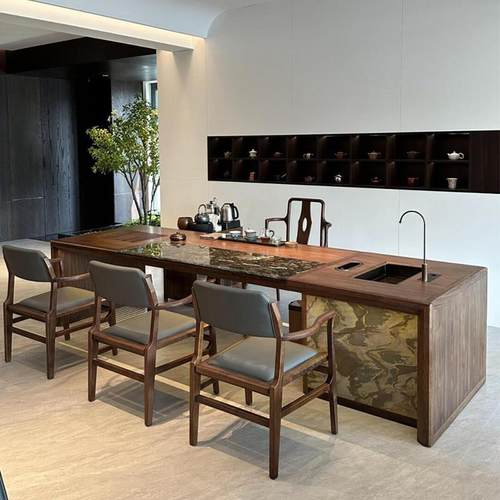 新中式茶桌椅组合黑胡桃木实木茶台办公室家用泡茶桌一体两用茶台