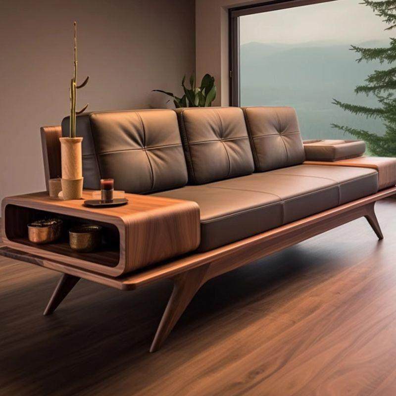 新中式实木沙发客厅黑胡桃木直排真皮沙发小户型实用现代简约定制