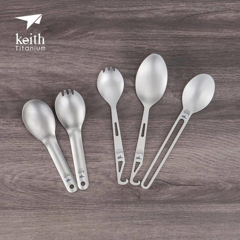 新款keith铠斯户外钛叉勺子两用折叠野露营超轻钛勺纯钛餐具餐勺
