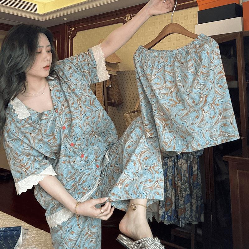 大梦睡衣女2026夏季款短袖碎花复古薄款蕾丝甜美家居服套装可外穿
