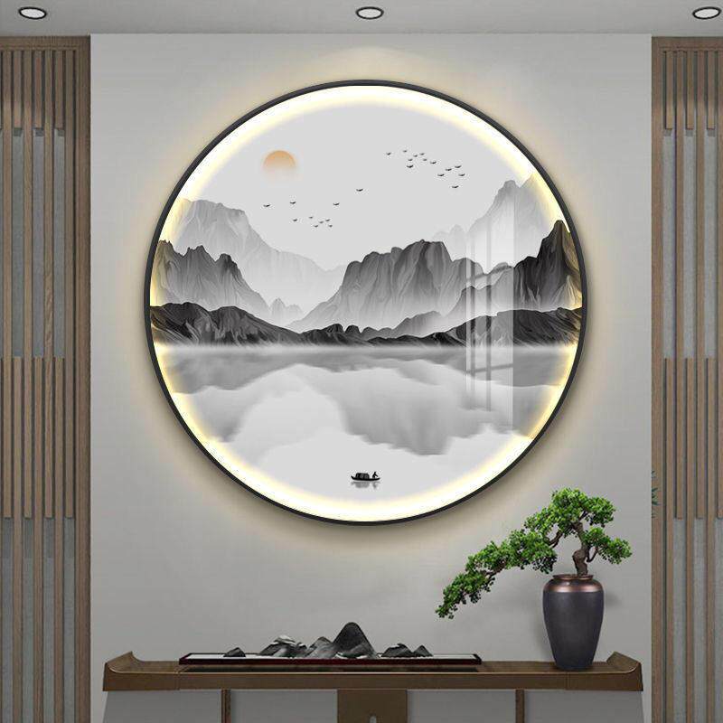 新中式圆形灯画 玄关背景装饰画 可定制晶瓷画 茶室意境山水挂画