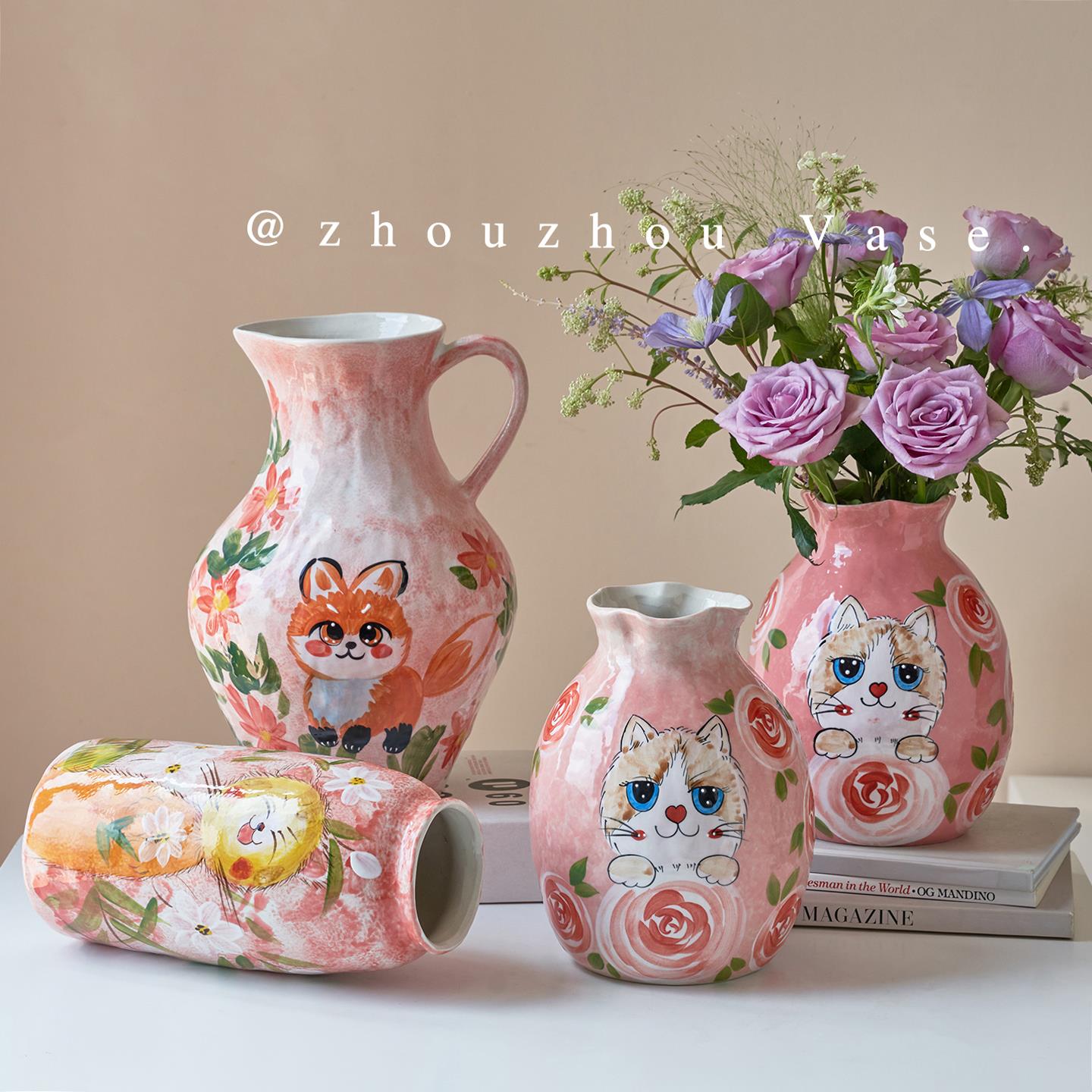 景德镇手绘可爱萌宠治愈系小众轻奢风高级感陶瓷花瓶摆件客厅插花