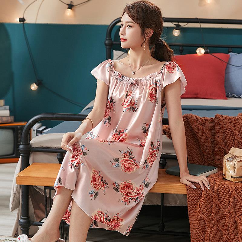夏季中老年妈妈短袖女士真丝绸睡衣裙200斤40-50-60岁冰丝睡裙5XL